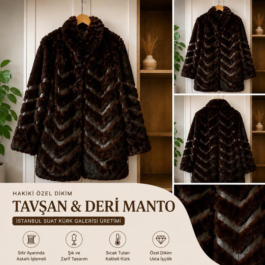 Hakiki Özel Dikim Tavşan Kürkü Deri Manto 42/XL