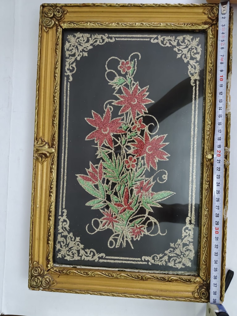 Vintage 1950/1980'ler Danimarka Çiçek İşlemeli Altın Çerçeveli Tablo - 2