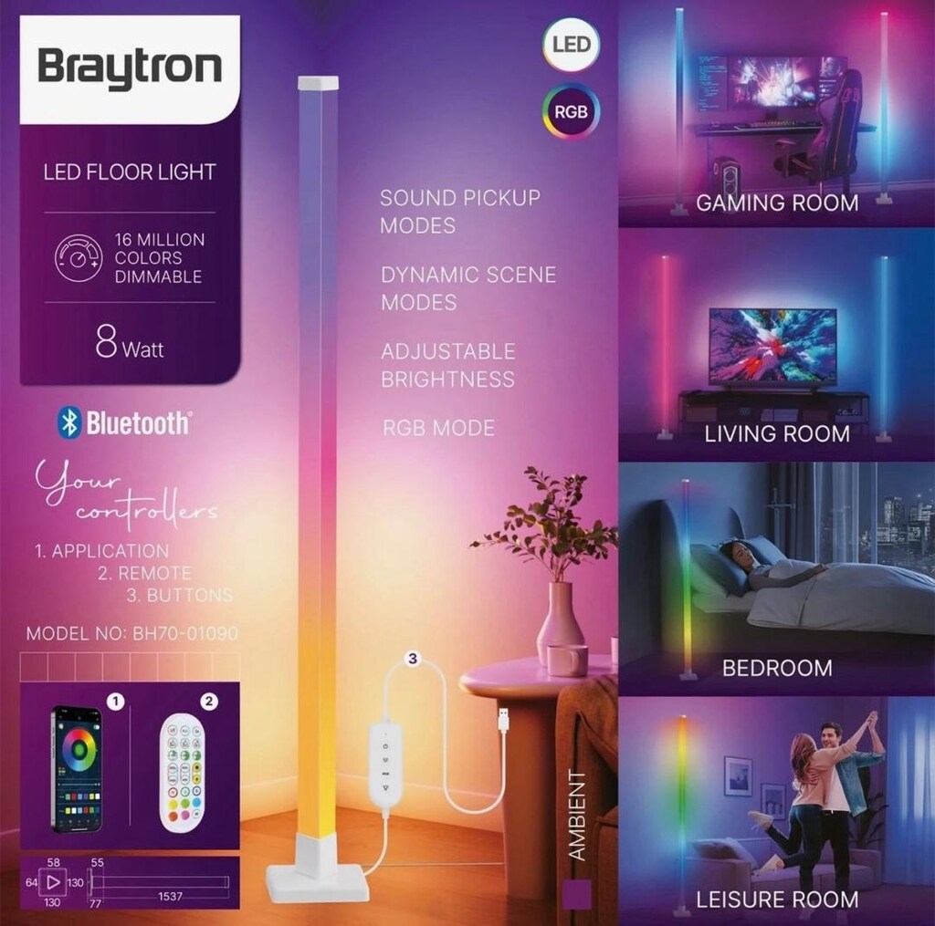 Braytron Led Floor Light 8W Köşe Lambaderi Sese Duyarlı, kumandalı - 3
