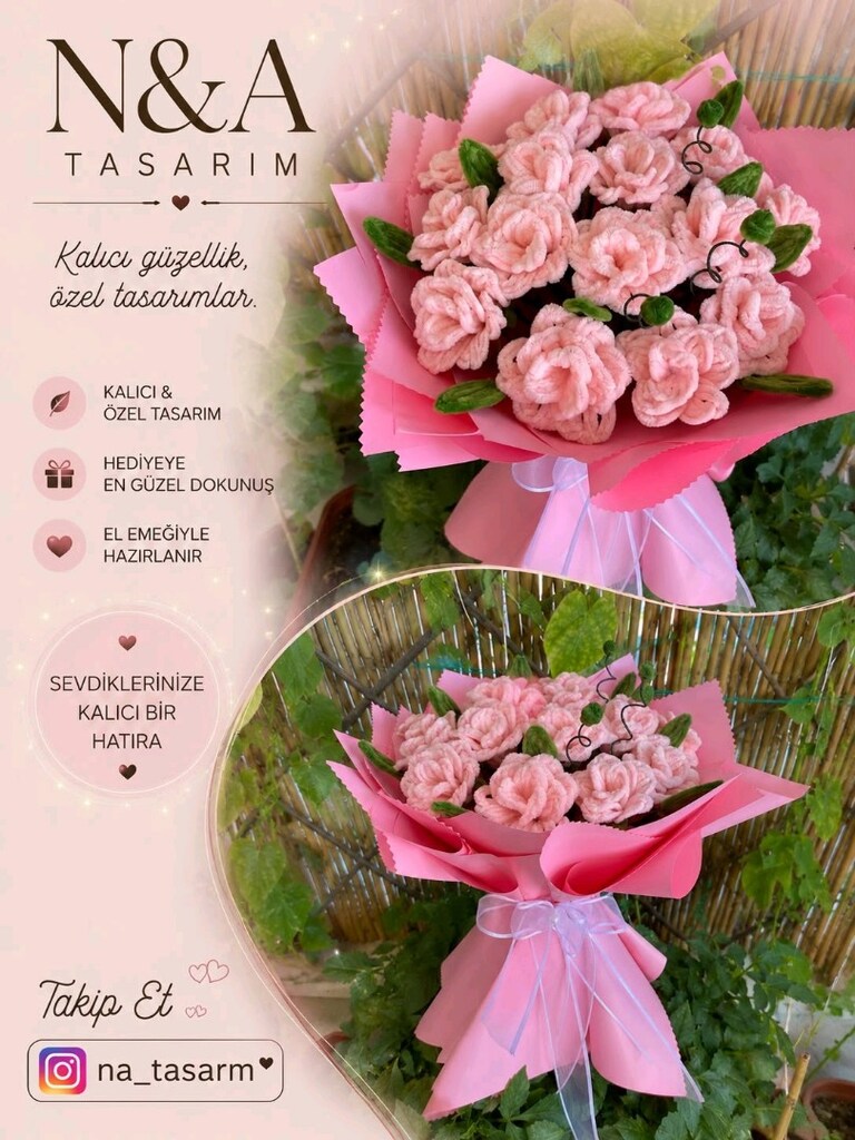 El yapımı pembe gül buketi - 3