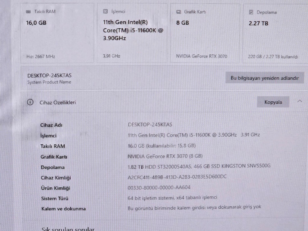 i5 11600K RTX 3070 16GB Ram 512GB SSD 2TB Harddisk - 5