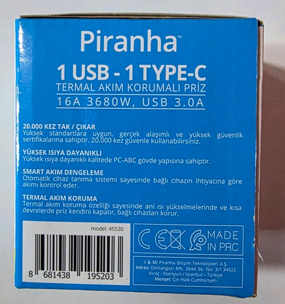 Piranha 1 USB, 1 TYPE-C LED ışıklıTermal akım korumalı piriz. - 3