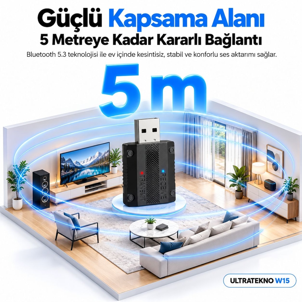 W15 Bluetooth 5.3 AUX Alıcı Verici RX TX Araç TV PC Ses Adaptörü - 7