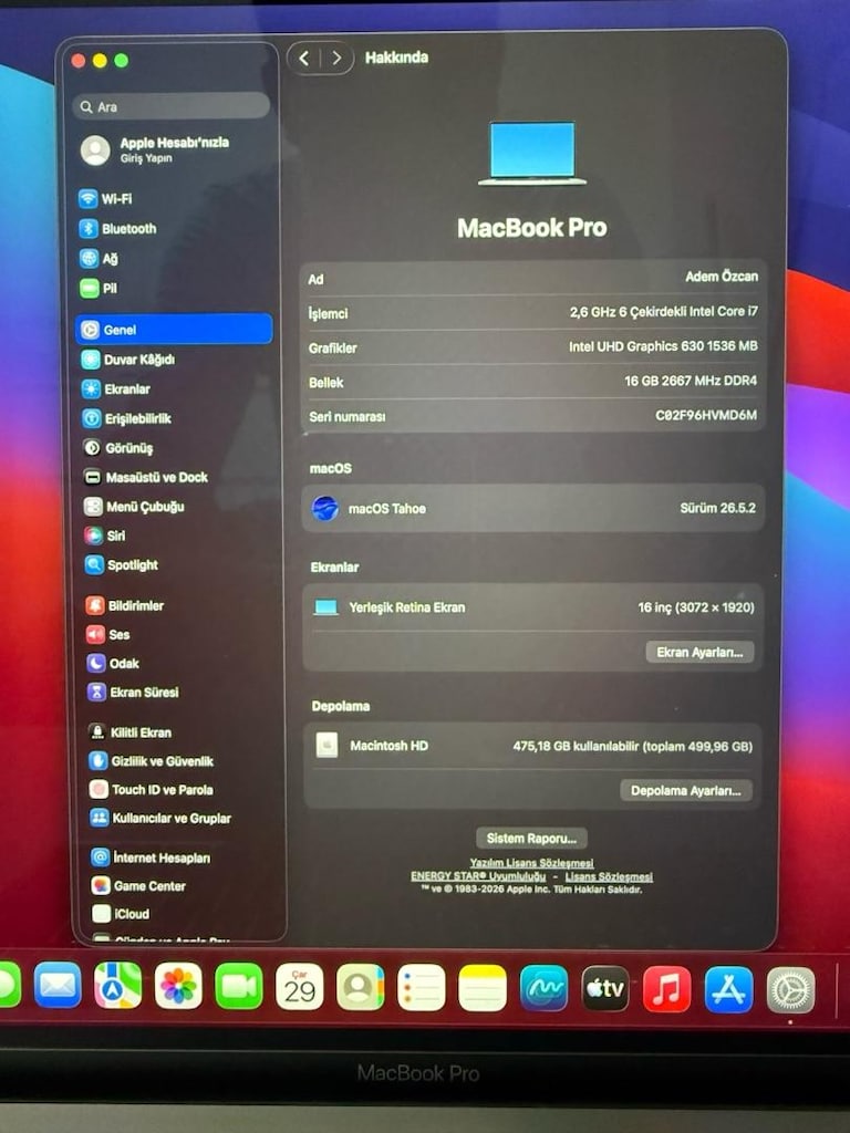MacBook Pro / i7 / 16 inç / 16 GB Ram / 512 GB Ssd - 2