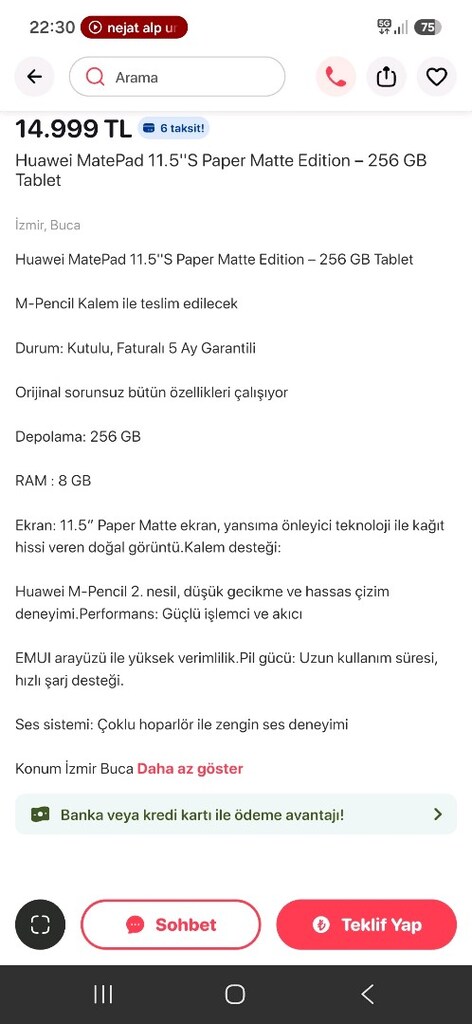 HUAWEİ 11.5S PAPERMATE 256gb - 9