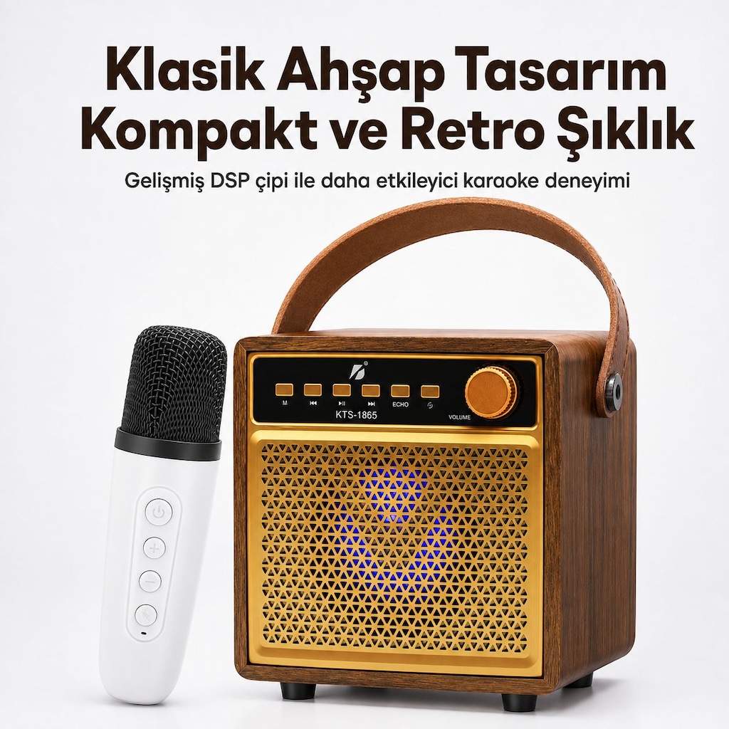 ULTRATEKNO KTS-1865 Ahşap Bluetooth Karaoke Hoparlör Kablosuz Mikrofon - 5
