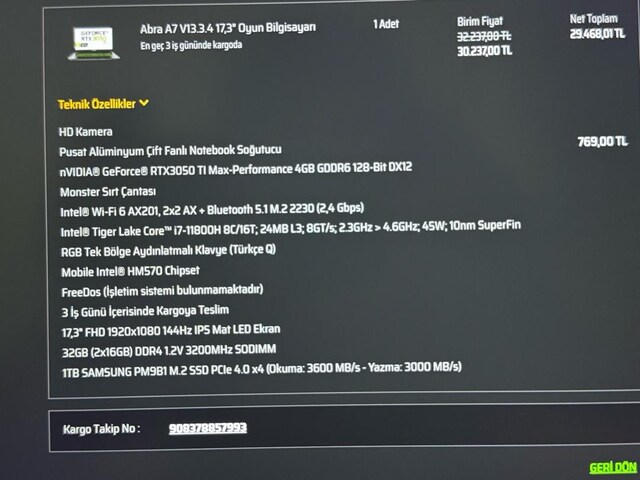 Monster A7 V13.3.4 17,3 Oyun bilgisiyarı