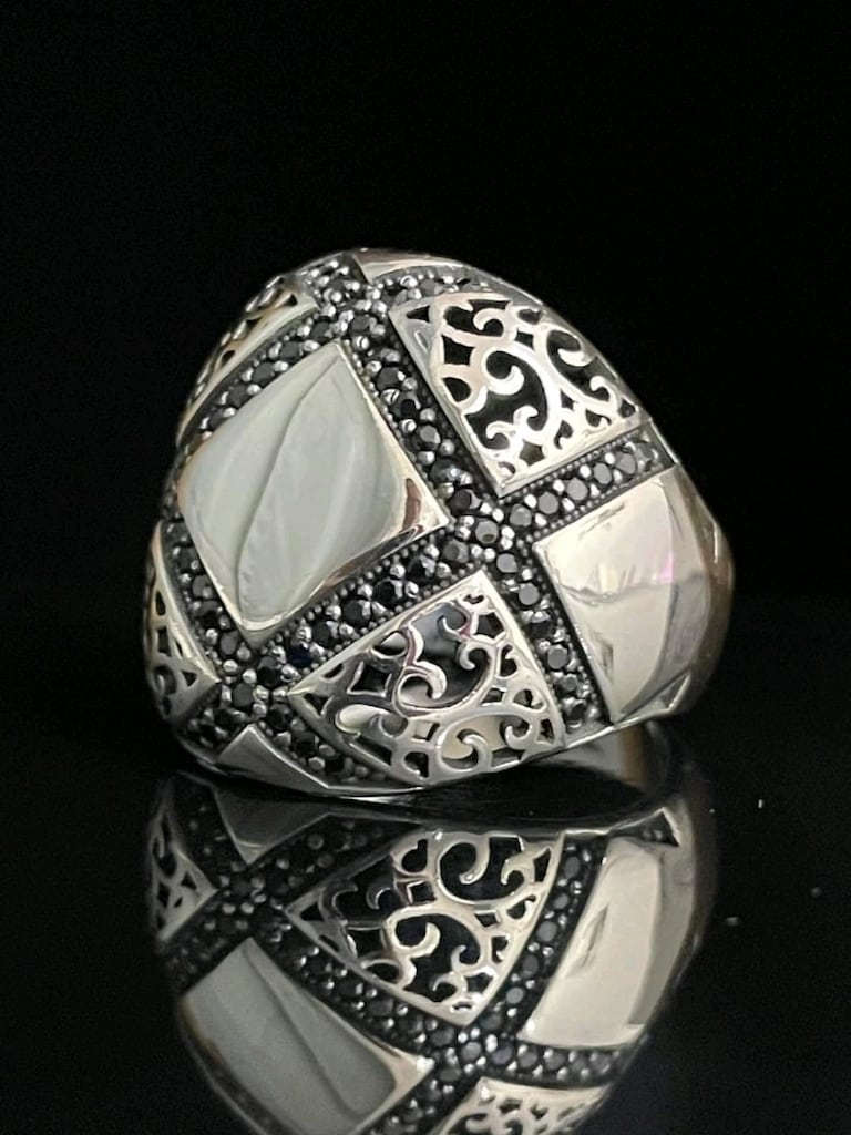 925 Ayar Gümüş Oksitli Geometrik Desenli Taşsız Erkek Yüzük – 7,5 Gram - 5