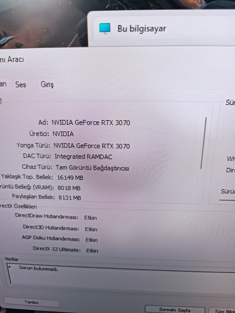 FULL SET ÜST SEVİYE |RTX 3070 8GB E.K/İNTEL İ5 11400F CPU/512GB SSD/16 - 18