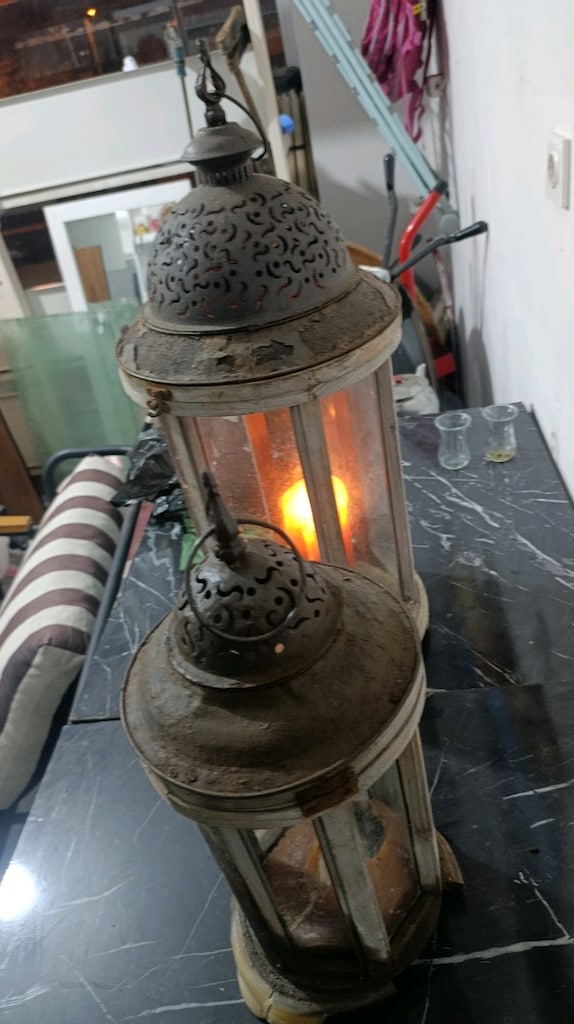 Nostaljik Eskitme Ahşap Fener / Mumluk Seti (2 Adet) - 4