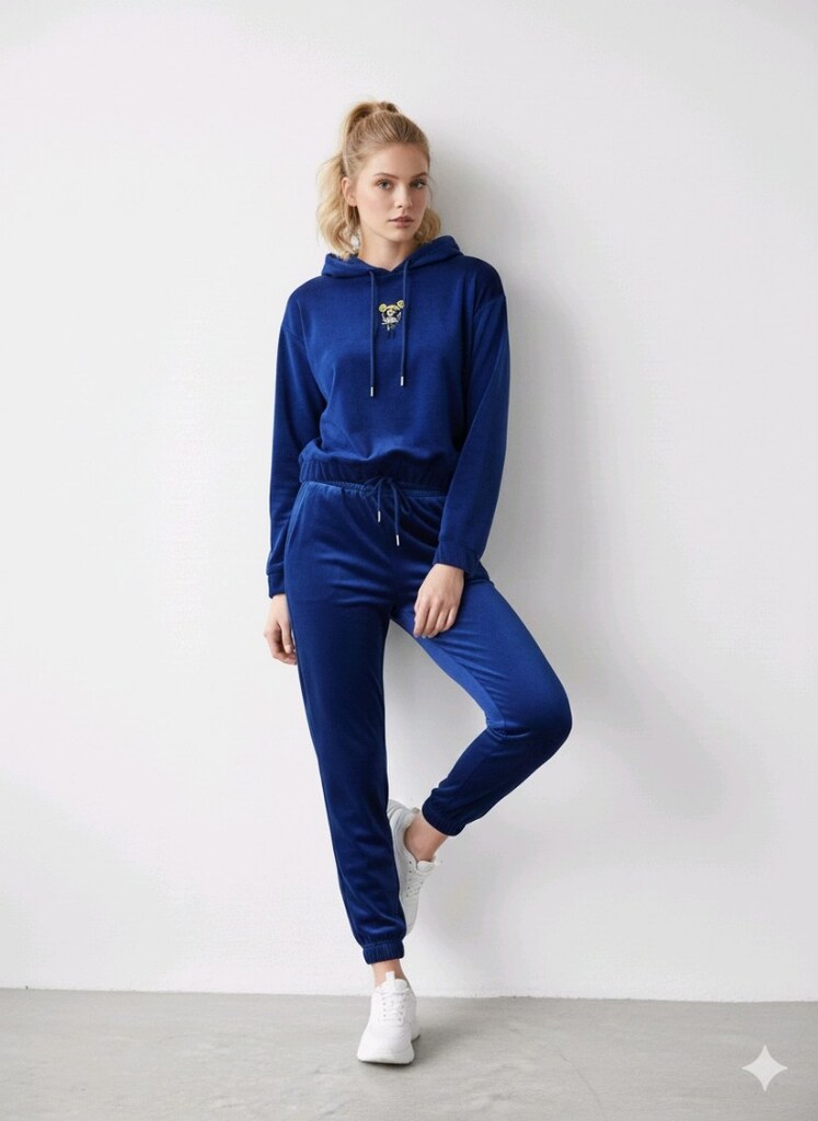 KADİFE MAVİ KAPŞONLU SWEAT EŞOFMAN ÜST S M - 2