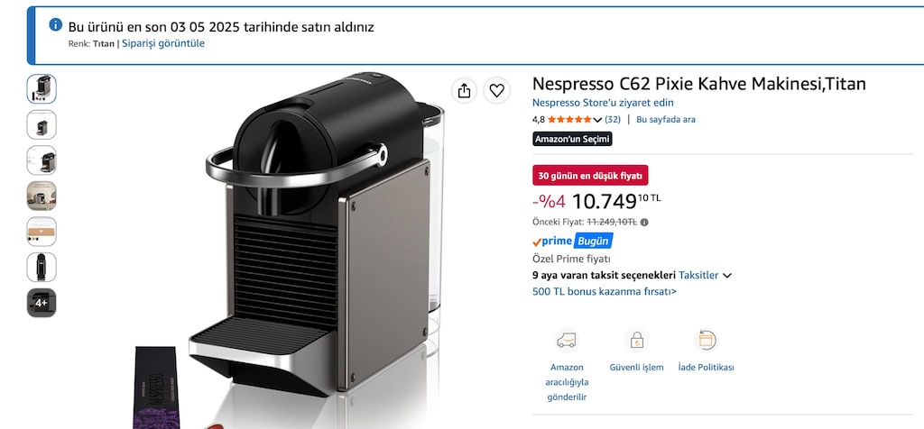 Nespresso C62 Pixie Kahve Makinesi,Titan - 6