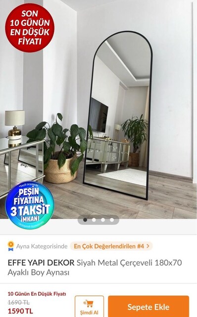 Siyah metal çerçeveli 180 x 70 cm ayaklı boy aynası