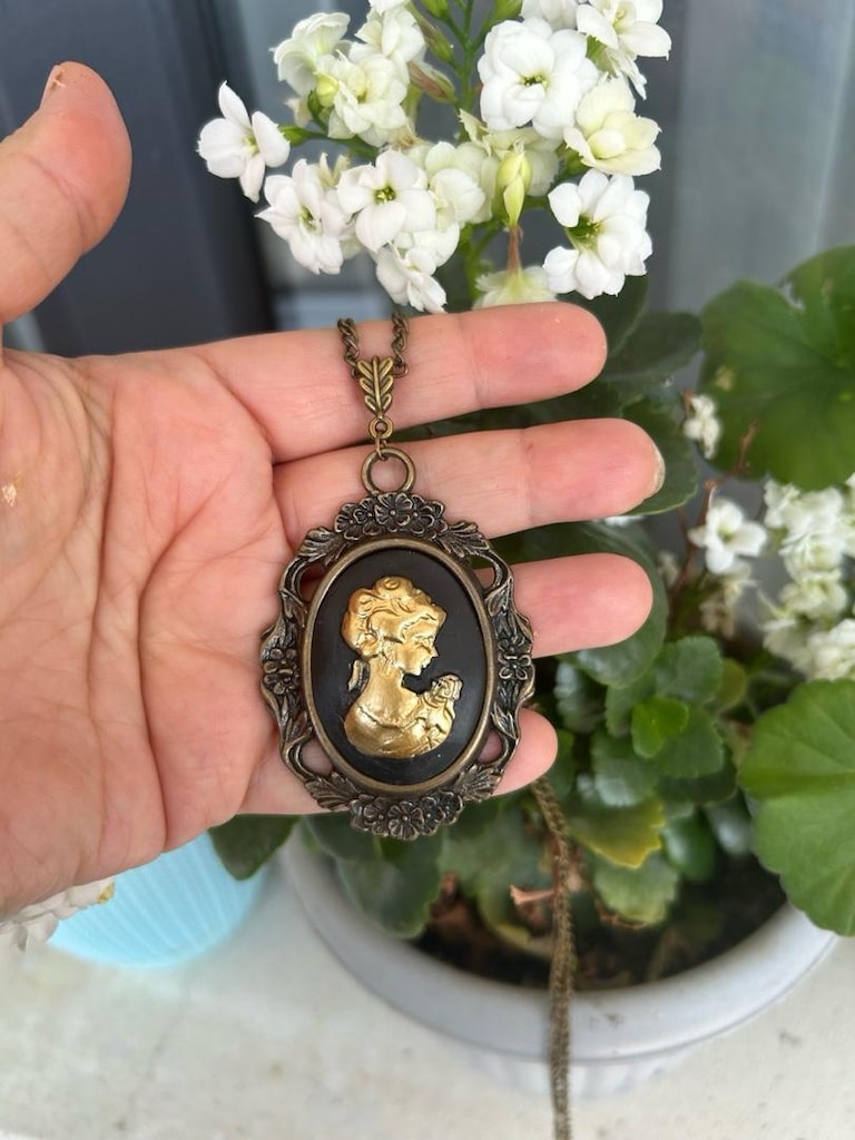 siyah altın Vintage Cameo takı seti - 5