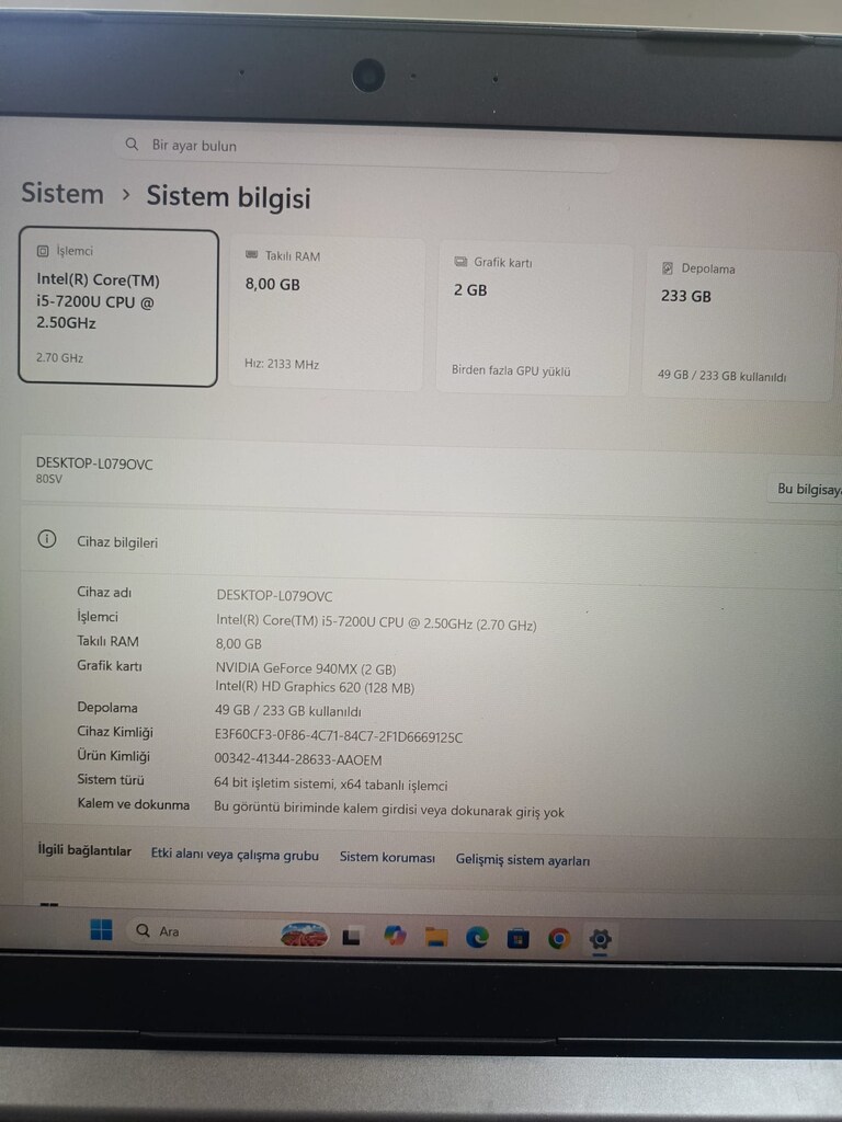 LENOVO İ5 7200U İŞLEMCİ + 2GB HARİCİ EKRAN KARTI + 8GB DDR4 RAM - 6