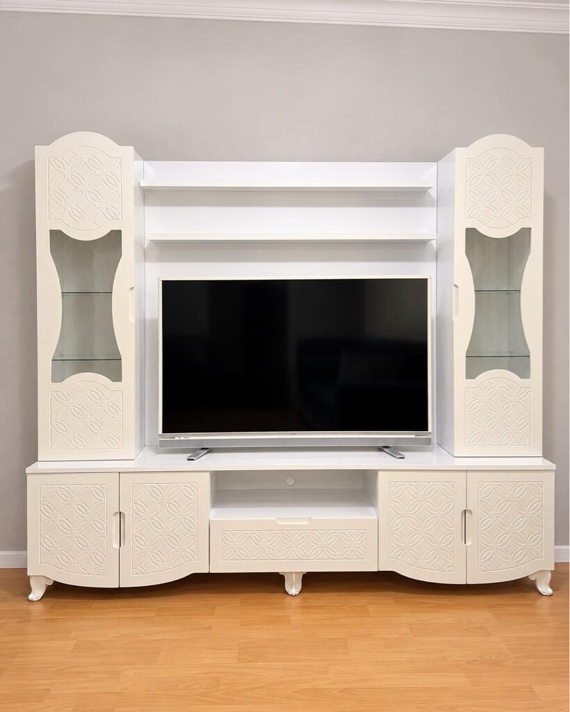 Beyaz Ledli TV Ünitesi – Vitrinli ve Raflı - 4