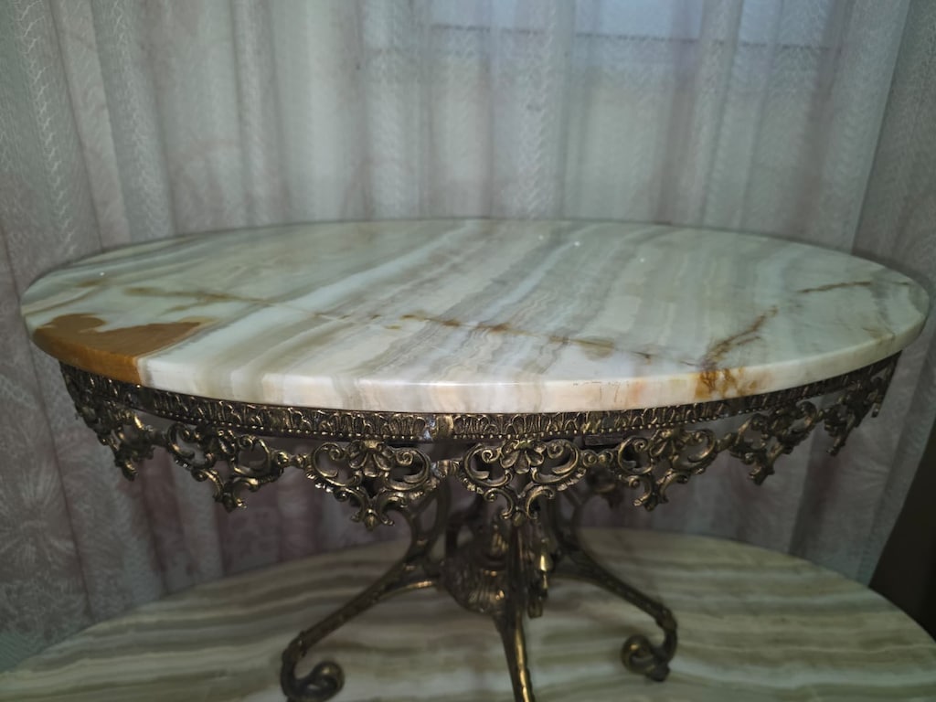 Antika / Vintage Pirinç Döküm Gövdeli Oniks Mermer 3'lü Sehpa Takımı - 4
