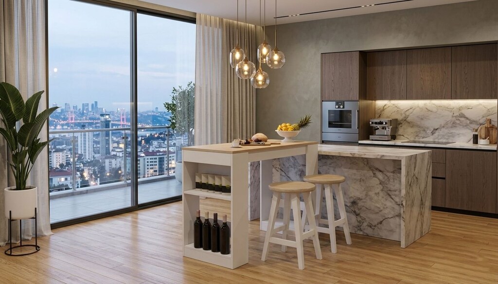 Sıfır , %100 MDF , Bar Masası / Çok Amaçlı Raflı Mutfak Masası - Beyaz - 9