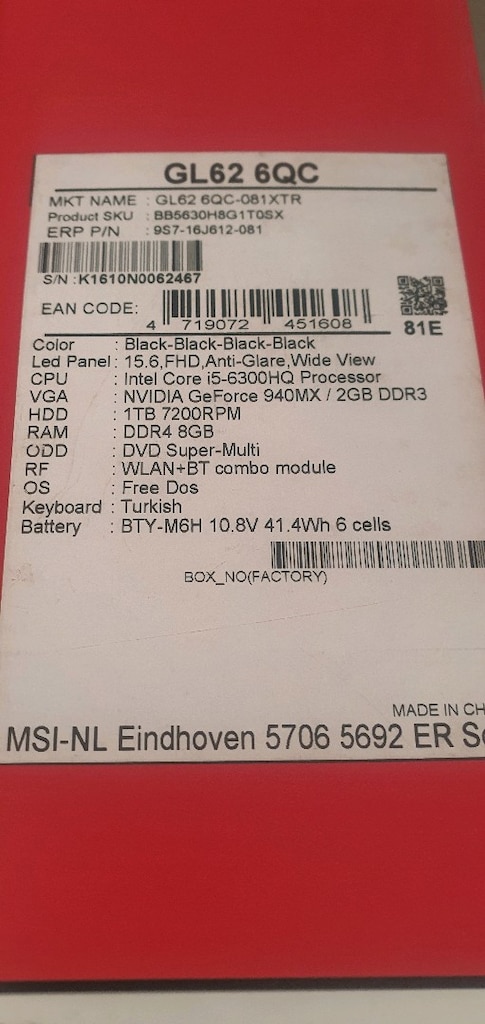 KUTULU MSI GL62 6QC i5 8GB 256SSD 940MX FHD TEMİZ - 9