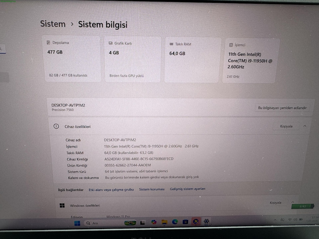 DELL PRECISION İ9 11. NESİL 64 GB RAM 512 M2SSD RTX A2000 - 5