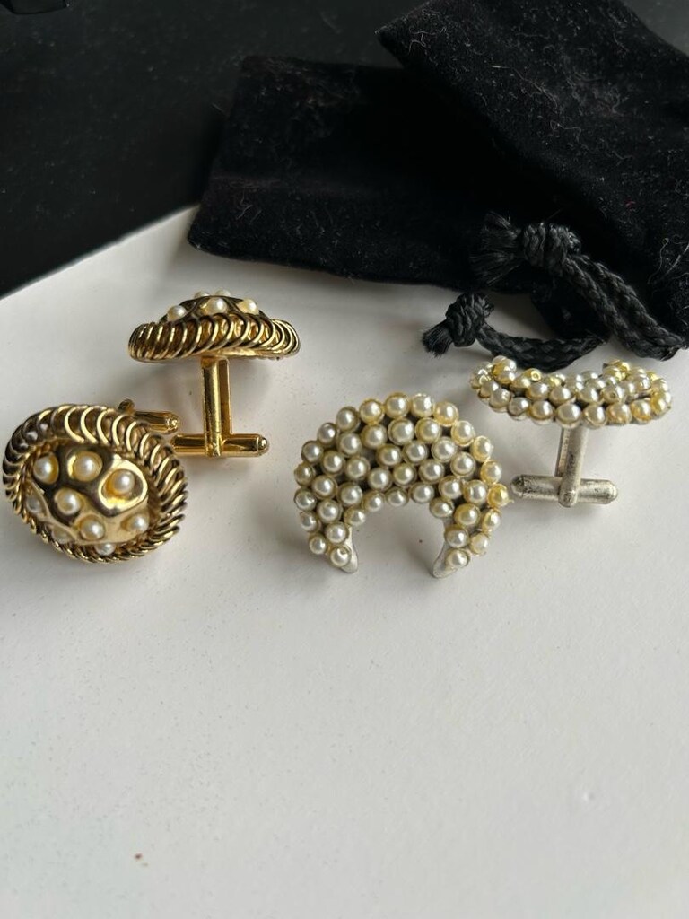 Vintage Kullanılmamış iki farklı model incili kol düğmesi - 8