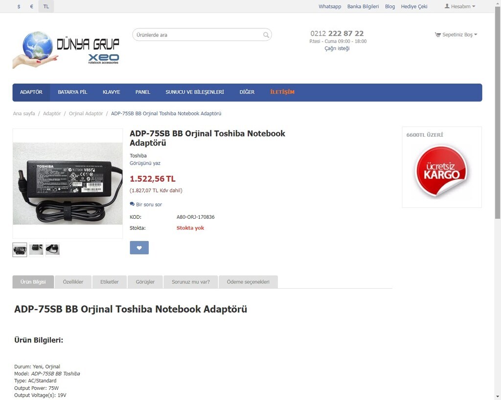 Orjinal Toshiba 19v - 3.95a Notebook Adaptör - 8