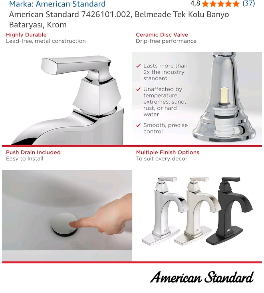 American Standard Belmeade 7426101.002 Krom Lavabo Bataryası - 4