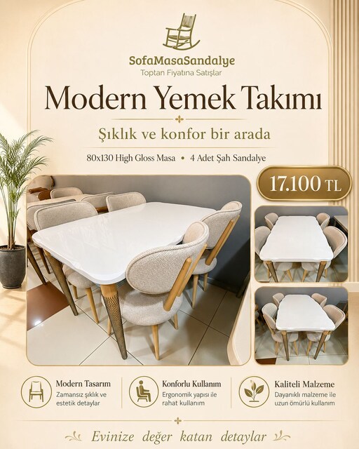 80x130 High Gloss Masa Takımı – 4 Şah Sandalye