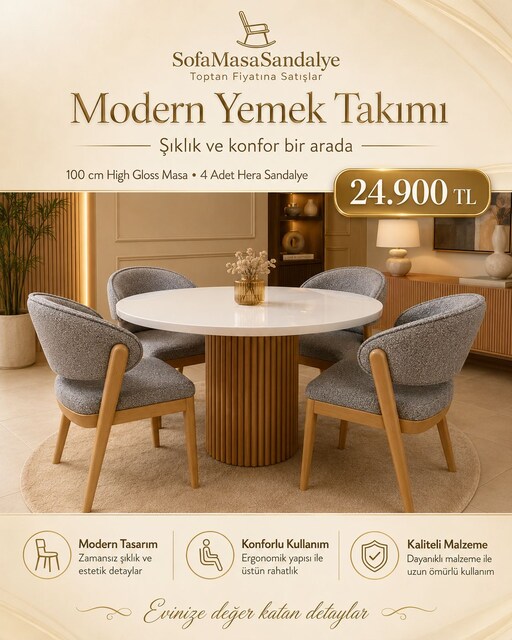 100 cm High Gloss Masa Takımı – 4 Hera Sandalye