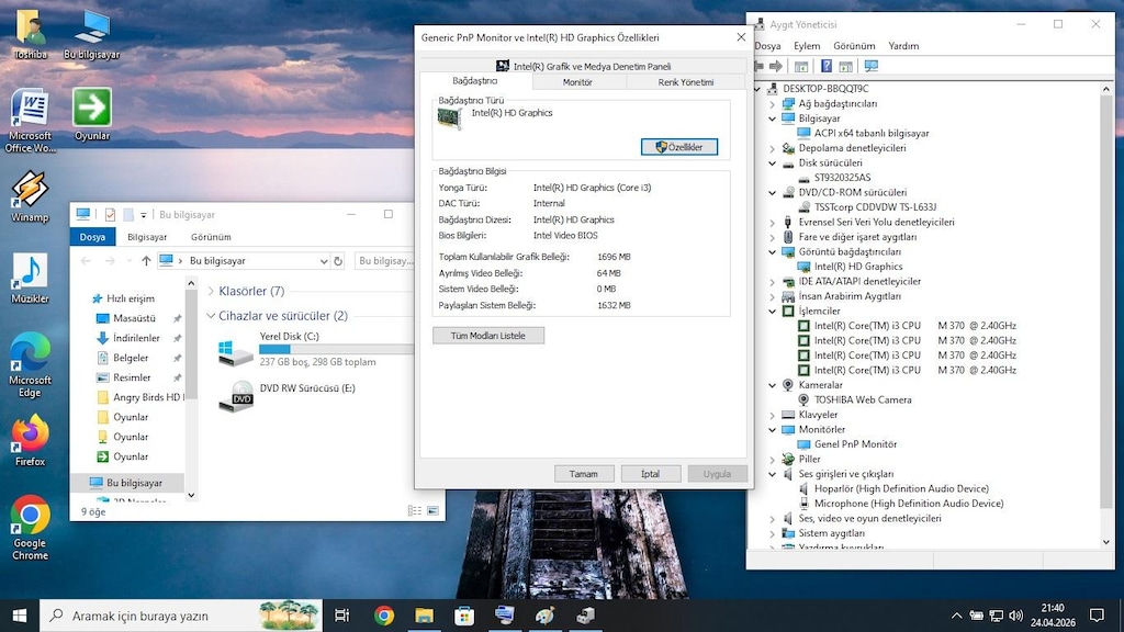 Toshiba i3 CPU - 4Gb Ram - 320Gb Hdd Dizüstü Bilgisayar - 3