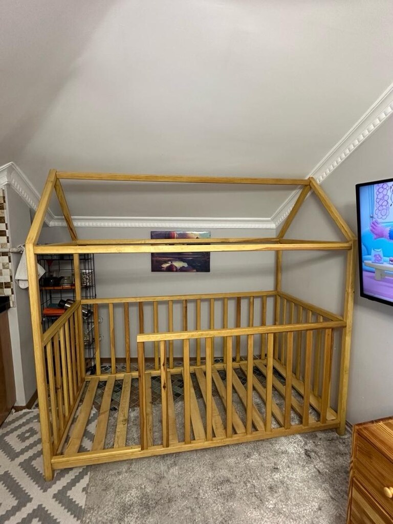 Doğal Ahşaptan Çocuk Ev Tipi Karyola - 3