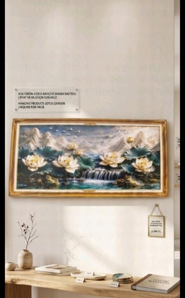 Modern Lotus ve Şelale Temalı Çerçevesiz Tablo - 20*40 cm - 4