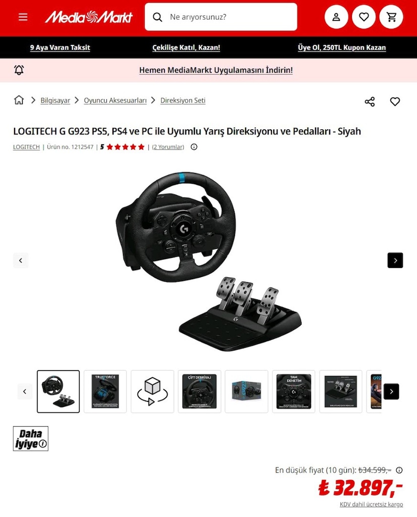 Logitech G923 trueforce yuksek kaliteli direksiyon seti sifir ayarinda - 6