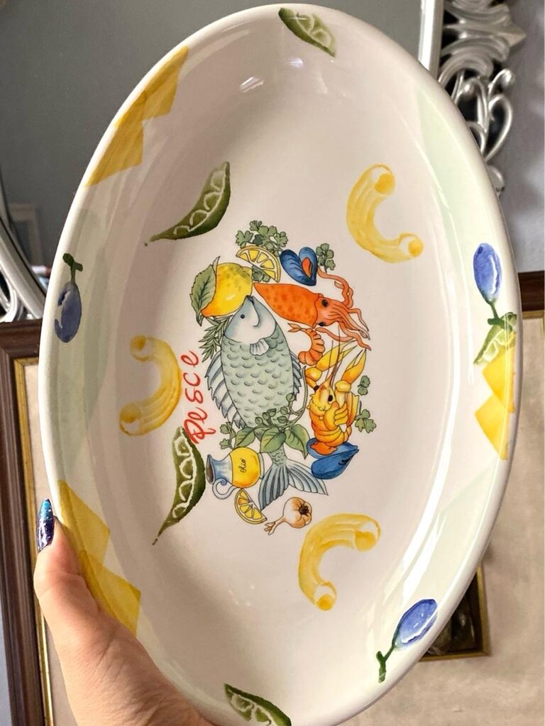 Antika İTALYAN Balıklı El Boyama Büyük Kayık Tabak - Salata & Servis - 8