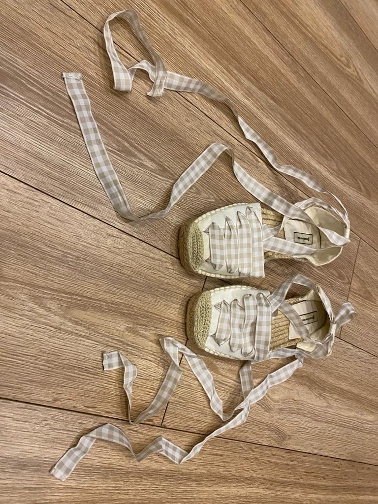 Stradivarius Ekru Ekose Espadril Sandalet 2 Kez Giyildi - 3