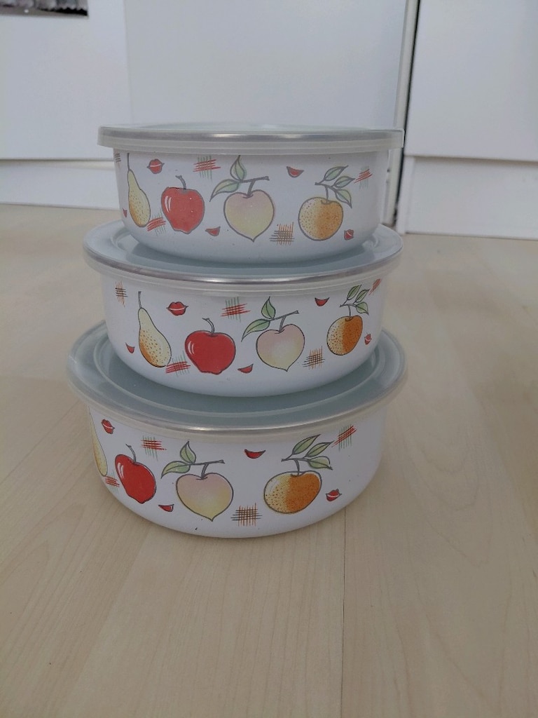 Nostaljik Vakum Kapaklı Emaye Saklama Kabı Seti - 14-16-18 cm (Çok Tem - 5