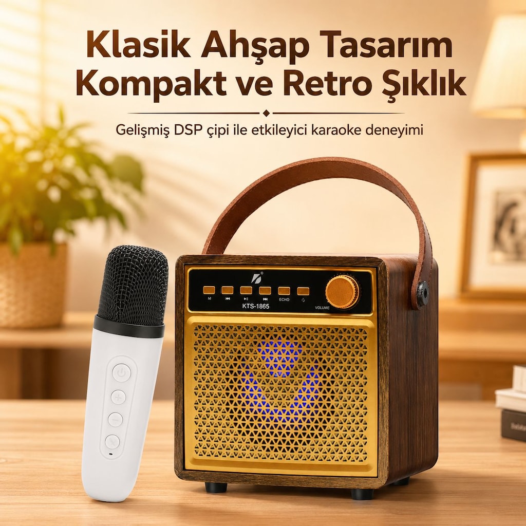 ULTRATEKNO KTS-1865 Ahşap Bluetooth Karaoke Hoparlör Kablosuz Mikrofon - 7