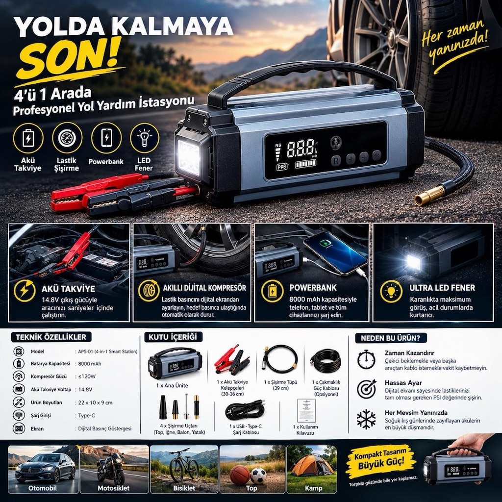 4’ü 1 Arada Akü Takviye + Lastik Şişirme + Powerbank Cihazı