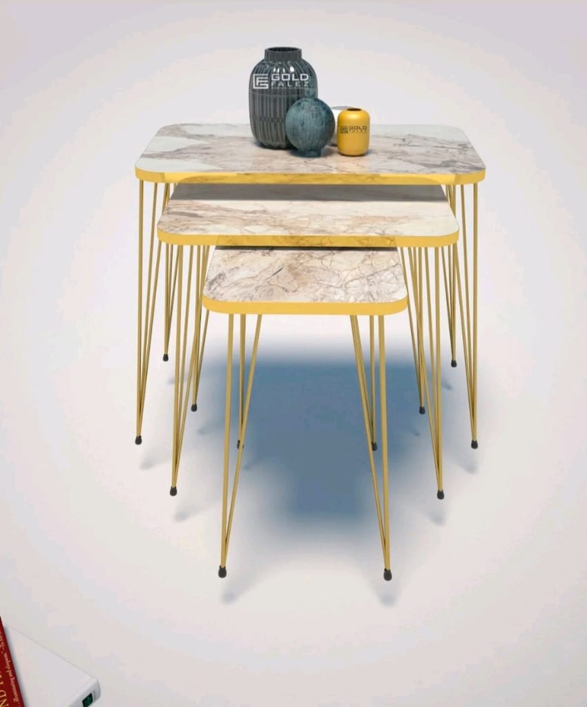 Gold Kare Beyaz Mermer Desenli 3 lü Zigon Sehpa ve Orta Sehpa - 5