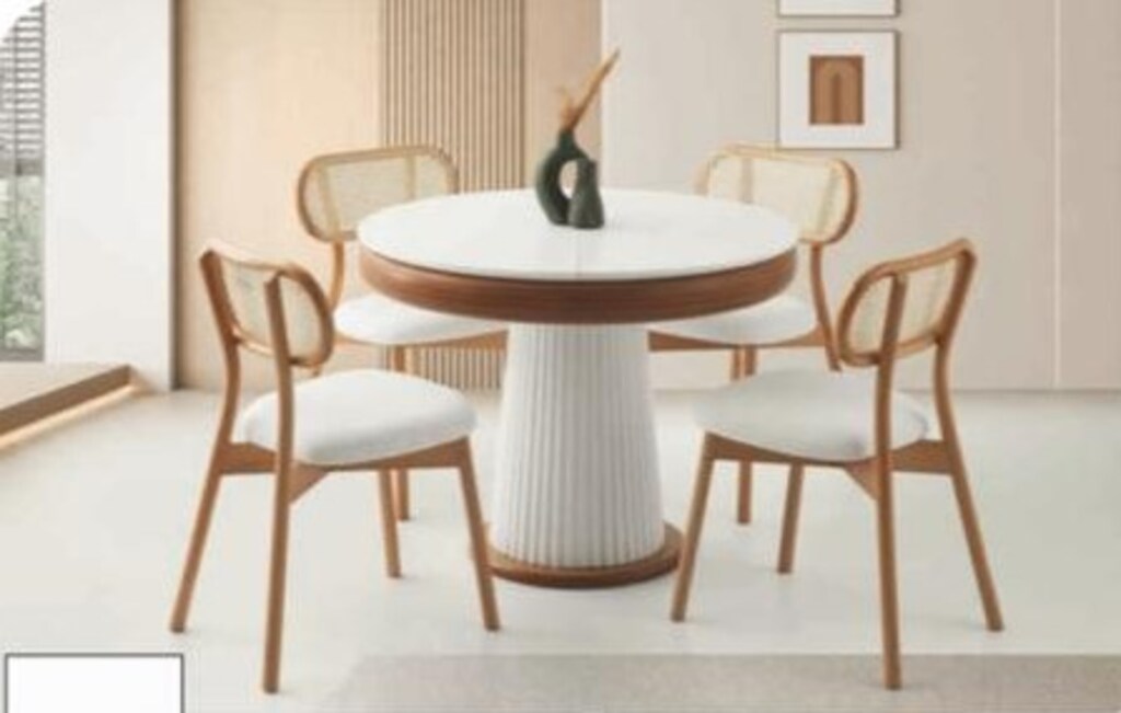 Modern Bohem Yuvarlak 4 kişilik Açılan Masa - Beyaz , Natural - 4