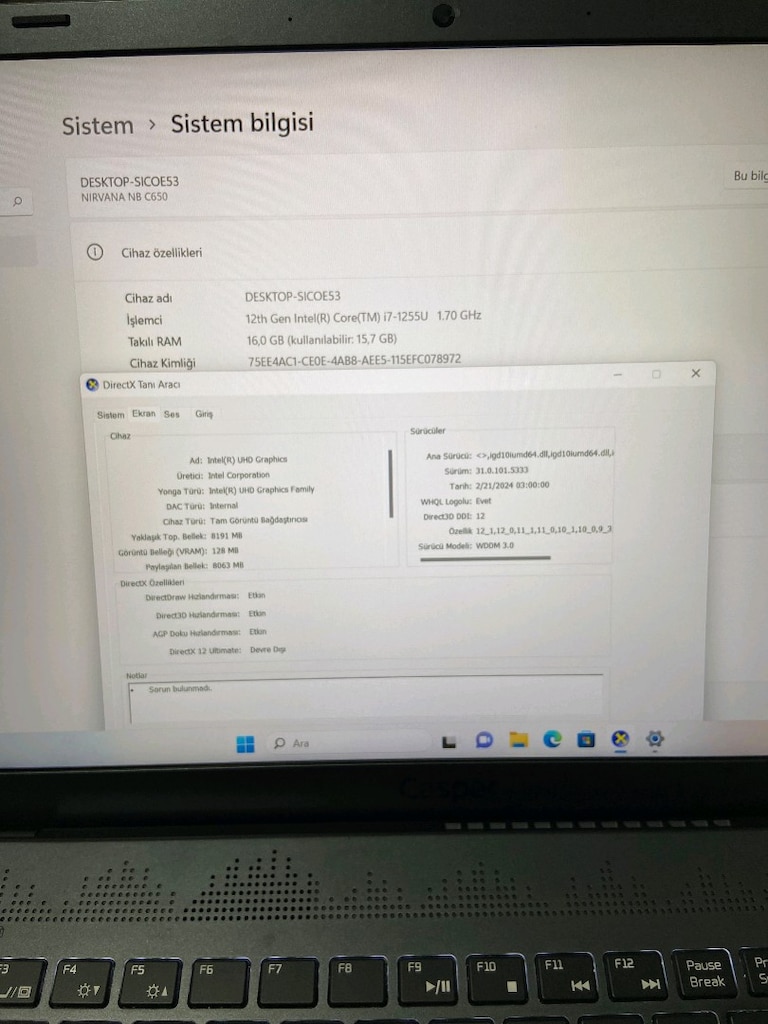 Casper C650 i7 1255u 12.Nesil 3.70Ghz SSD 512GB Ram 16GB DDR4 - 8
