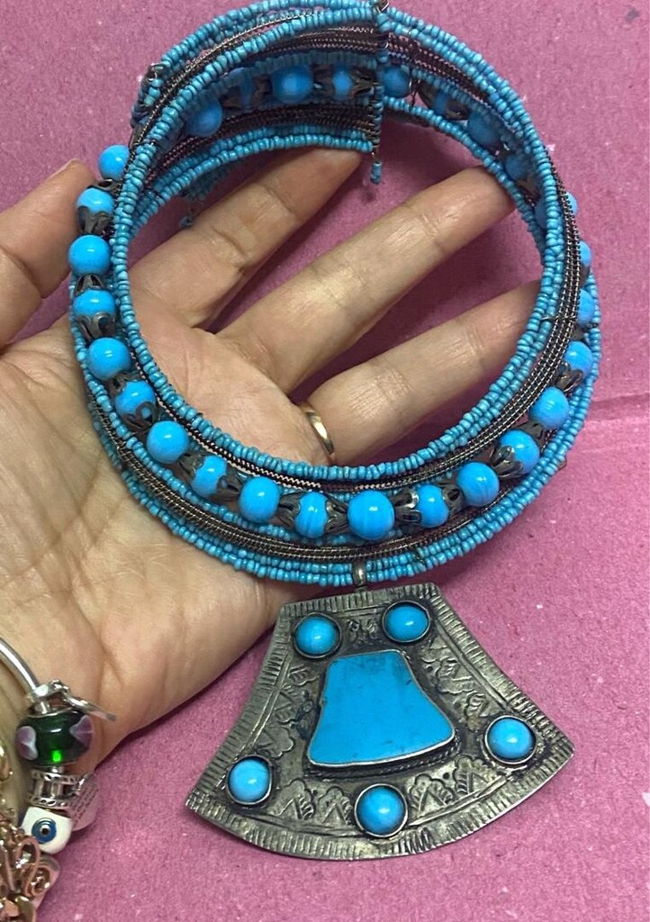 Vintage El İşçiliği Mavi Cam Boncuklu Choker ( Tasma ) Kolye - 14