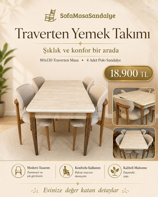 80x130 Traverten Masa Takımı – 4 Polo Sandalye