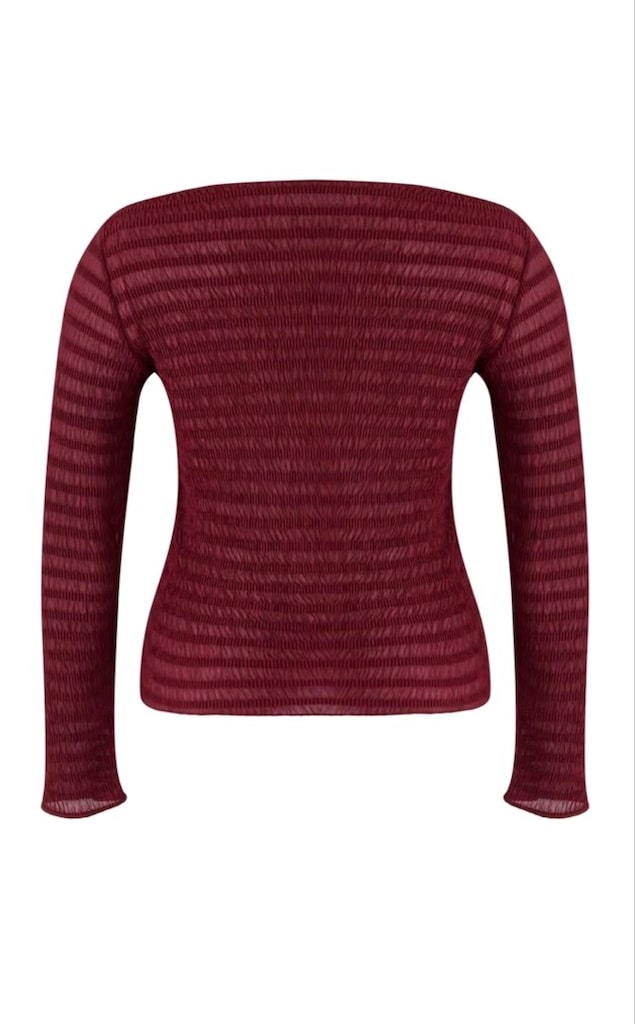 Bordo Renkli Dokulu Tül Esnek Örme Büyük Beden Bluz 4XL / 48 - 10