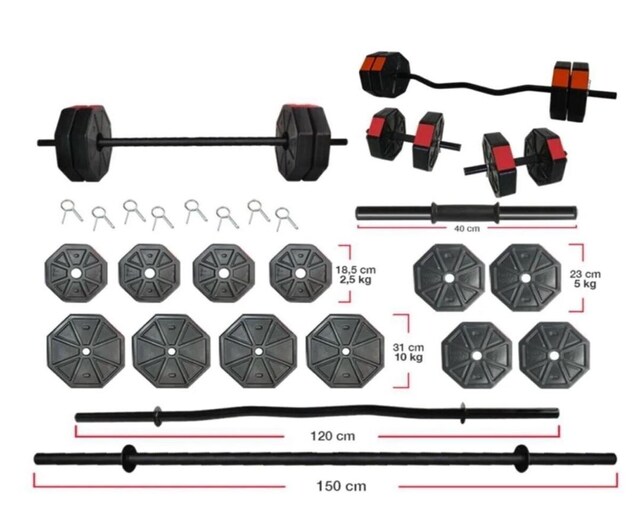 70kg Düz Bar 150cm+ Z Bar 120cm Dambıl Halter Full Set Kırmızı Kapaklı