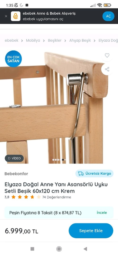 Elyaza Doğal Anne Yanı Asansörlü Uyku Setli Beşik 60x120 cm Krem - 4