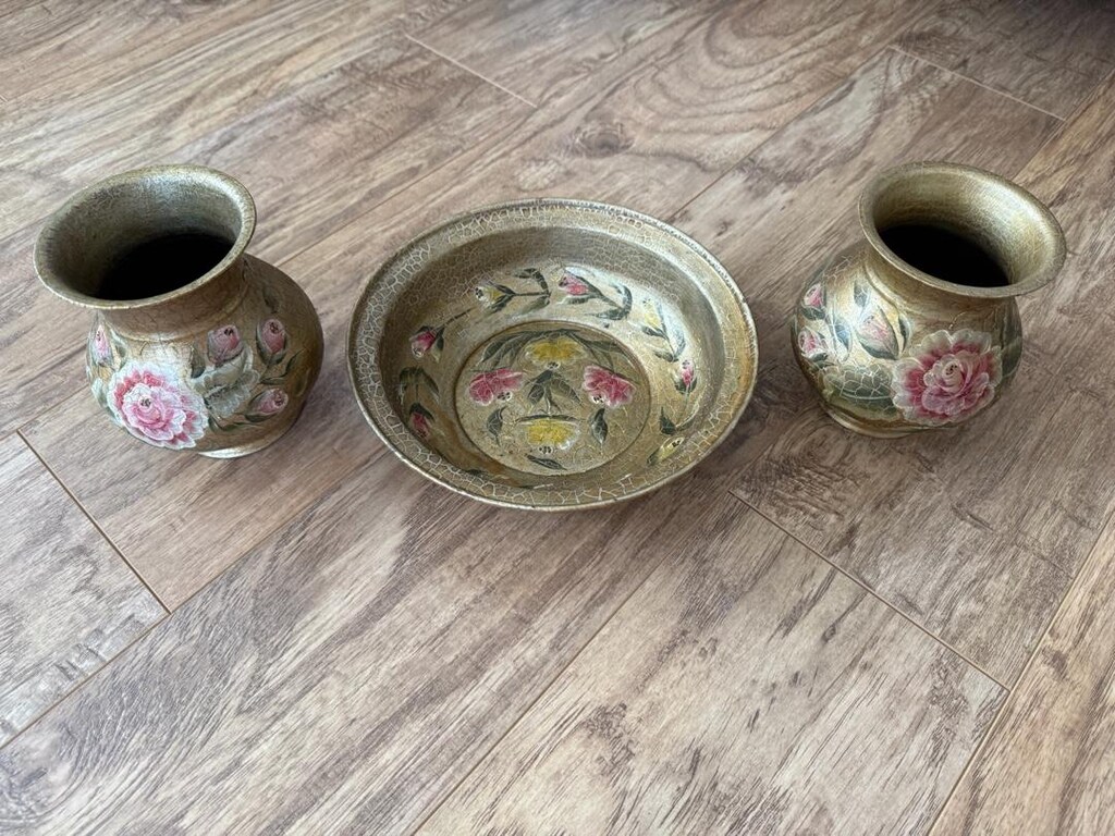 El boyaması bakır vazo ve tabak seti - 2