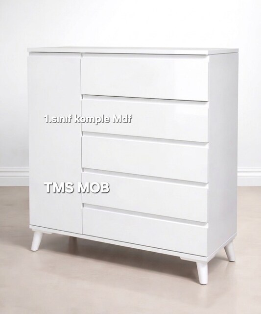 şifonyer mdf kapaklı raflı 5 çekmeceli çamaşırlık dolap konsol
