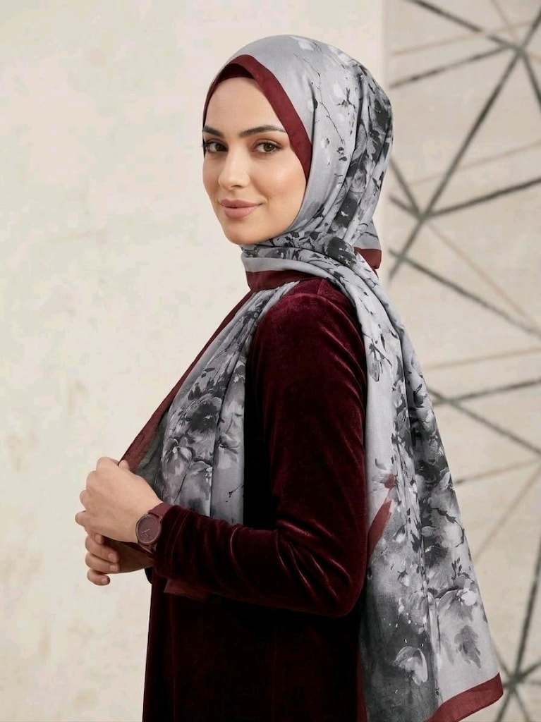GRİ BORDO SOFT PAMUKLU ŞAL - 2