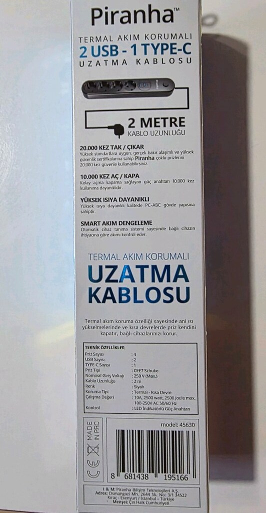 Piranha Termal Korumalı 4’lü Priz 2 USB 1 Type-C. - 7